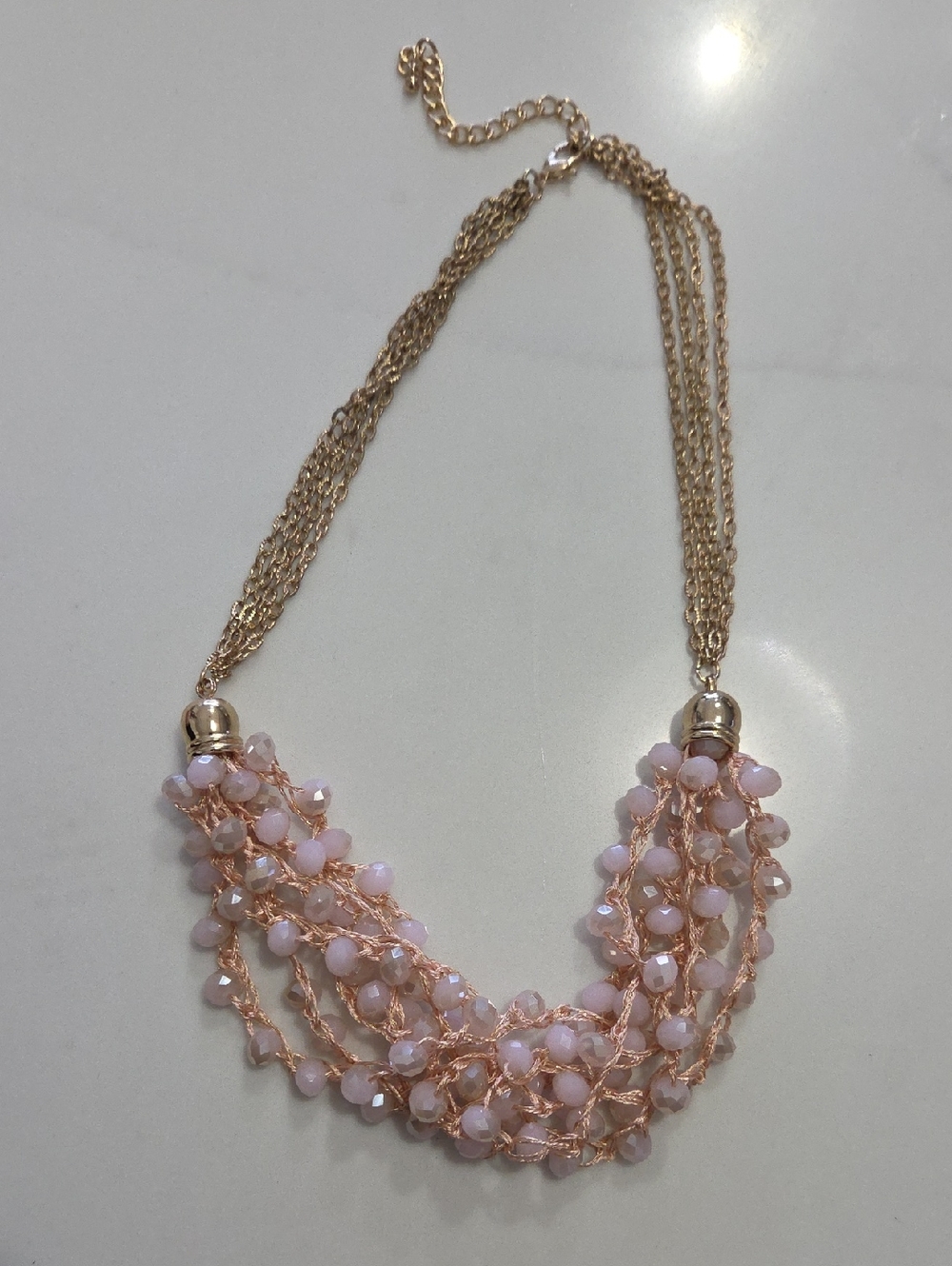 Gold Chain Necklace with Light Pink Bead Multi-Strand Accent